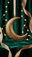 Golden crescent moon ornament with intricate Islamic patterns hanging on satin ribbon against emerald green fabric with warm bokeh lights for festive decoration.