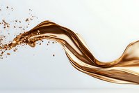 Flowing liquid chocolate splash with droplets creating dynamic wave motion against white background, abstract food photography for confectionery advertising.