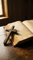 Wooden cross resting on open vintage bible with warm sunlight streaming through window creating peaceful religious atmosphere for worship and prayer.
