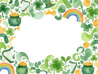 St. Patrick's Day frame with shamrocks, leprechaun hats, gold coins, rainbows and pots of gold on white background for festive holiday designs.