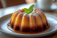 Golden bundt cake with caramel glaze and fresh mint garnish on white plate. Homemade dessert for bakery menu, restaurant presentation, food blog content.