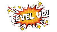Level up comic book explosion burst with stars and dynamic action lines on white background for gaming motivation and achievement celebration.
