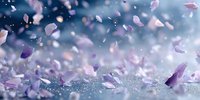 Purple flower petals falling with sparkling glitter creating magical romantic atmosphere for wedding invitations and spring celebrations.