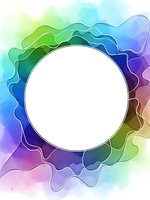 Colorful watercolor frame with flowing organic shapes in rainbow gradient hues surrounding white circular space for text or logo design.