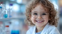 Young child with curly light brown hair and fair complexion, wearing clear-framed glasses and a white lab coat, smiling at camera in a laboratory setting with blurred scientific equipment and colorful test tubes in background.