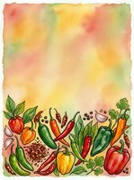Watercolor garden vegetables and peppers border on soft pastel background with deckled edges, suitable for recipe cards, menus, cooking blogs, and culinary designs.