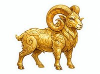 Ornate golden ram with decorative scrollwork and baroque patterns, isolated on white background. Suitable for luxury branding, zodiac designs, and ornamental artwork applications.