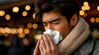 Young Asian man sneezing into tissue, wearing warm scarf and coat against evening bokeh lights background, depicting cold and flu season symptoms.