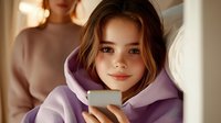 Young woman in lavender hoodie smiling while looking at smartphone screen, warm natural lighting creates cozy atmosphere for lifestyle and technology content.