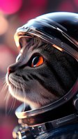 Close-up portrait of black cat wearing space helmet with bright orange eyes against pink bokeh background, futuristic cosmic concept for creative projects.