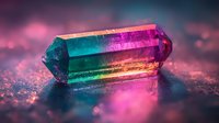 Vibrant rainbow crystal quartz point with pink and teal colors on dark background, macro photography showing natural mineral structure and light refraction.