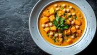 Creamy butternut squash soup with chickpeas, sweet potato cubes and fresh herbs served in gray ceramic bowl on dark stone background. Food photography.