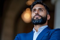 Confident Middle Eastern businessman in blue suit jacket and white shirt looking up thoughtfully against blurred bokeh background, showcasing leadership and vision.