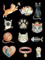Watercolor cat clipart set isolated on transparent background. Cute cats, paw prints, fish bone, collar, yarn ball stickers for t-shirts, print on demand, sublimation.