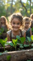 Young child with curly hair smiling brightly while gardening outdoors in natural sunlight. Perfect for environmental education, sustainable living, and healthy lifestyle concepts in advertising.