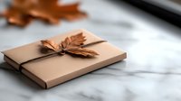 Minimalist autumn composition with kraft paper wrapped gift box decorated with orange maple leaf on marble surface, soft natural lighting for seasonal design.