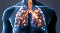 Glowing human lungs with sparkling light effects inside transparent body silhouette on dark background, medical visualization concept for respiratory health.