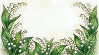 Watercolor lily of the valley floral border frame with white bell flowers and green leaves on light background, copy space for text.