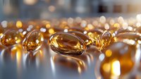 Golden omega-3 fish oil capsules scattered on reflective surface with warm bokeh lights background, macro view showing transparency and liquid inside.