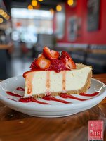 Slice of creamy vanilla cheesecake topped with fresh strawberries and strawberry sauce on white plate, served on wooden table in restaurant with bokeh lights.