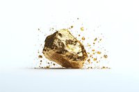 Gold nugget with explosive dust particles on white background, isolated for luxury jewelry advertising or financial concept designs.