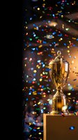 Golden trophy cup with colorful confetti celebration background for awards ceremony and achievement recognition events.