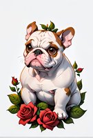Adorable French bulldog puppy with wrinkled face sitting among blooming red roses and green leaves on light background, artistic style illustration.