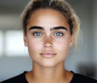 Close up portrait of young Caucasian woman with natural freckles, bright blue eyes, and blonde hair wearing black top against blurred background. Fresh natural beauty concept.