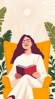 Young Asian woman with long dark hair relaxing in yellow armchair, reading book among tropical leaves, sunburst background, minimalist illustration style for wellness and lifestyle content.