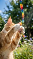 Orange and white cat playing with colorful rainbow toy string outdoors in sunny garden with blurred green foliage background, pet entertainment and playtime concept.
