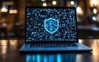Glowing shield icon on laptop screen with digital network pattern representing cybersecurity and data protection in dark office environment with bokeh lights.