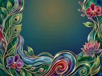 Ornamental floral border with peacock feathers, lotus flowers, and swirling decorative elements on teal background. Suitable for invitations, cards, and design projects.