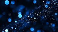 Glowing blue network connections with bokeh lights on dark background create futuristic technology visualization for digital transformation concepts.