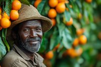 Mature African American farmer with gray beard wearing straw hat smiling warmly while standing in orange grove during harvest season, surrounded by fresh citrus fruit.