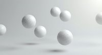 Multiple white golf balls floating in mid-air against a soft gray background, creating a dynamic and minimalist sports composition.