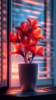 Red lilies in white vase on windowsill at sunset, dramatic lighting through venetian blinds creates striped shadows, moody atmosphere with orange and blue color palette.