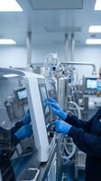 Pharmaceutical technician operating modern manufacturing equipment in sterile laboratory facility with advanced control systems and safety protocols.