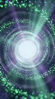 Glowing spiral vortex with green and purple particles swirling around bright white center, creating dynamic energy effect for technology, science, and digital backgrounds.