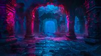 Mystical ancient stone corridor with gothic arches illuminated by vibrant neon pink and blue lights, creating dramatic atmosphere perfect for fantasy or gaming backgrounds.