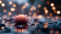 Pink lotus flower floating on water with smooth stones and glowing bokeh lights creating magical atmosphere for meditation and wellness backgrounds.
