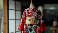 Traditional red floral kimono with golden obi sash displayed on mannequin against Japanese sliding doors, showcasing intricate pattern and textile craftsmanship.