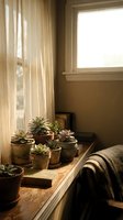 Cozy bedroom windowsill with collection of small potted succulent plants in terracotta pots, warm natural sunlight streaming through sheer curtains.