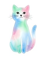 Watercolor rainbow cat with pastel gradient colors isolated on white background for children's design, nursery decor and creative projects.