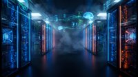 Futuristic data center server room with glowing blue and orange lights, digital displays, and atmospheric fog creating cyberpunk technology environment.