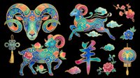 Colorful Chinese zodiac goat set with ornate rams, lantern, flowers, clouds, and calligraphy, isolated on transparent background, ready for clipart, stickers, and print on demand.