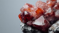 Raw red garnet crystals on rough stone matrix showing natural mineral formation and crystalline structure in geological specimen against gray background.