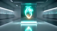 Glowing anatomical heart hologram displayed in glass cube on reflective surface with futuristic corridor background. Medical technology visualization concept.