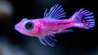 Pink and purple tropical fish with vibrant fins swimming in dark water, featuring bright blue eyes and delicate spiky fins. Macro underwater photography.