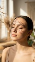 Young woman with closed eyes enjoying natural sunlight filtering through leaves creating shadow patterns on her face in bright interior space.