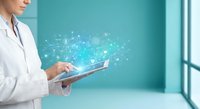 Female doctor using digital tablet with glowing network connections in modern medical office. Healthcare technology and telemedicine concept for digital transformation.